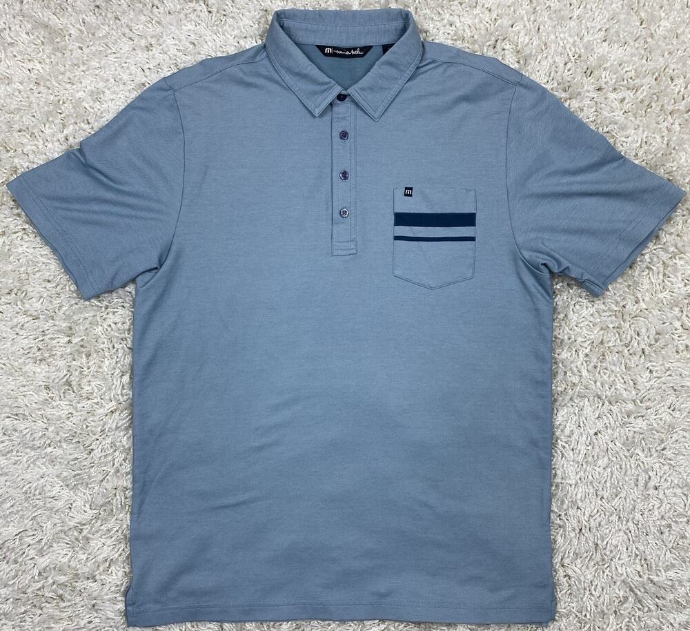 Travis Mathew Men's Large Polo Shirt Light Blue Striped Pocket Pima Cotton